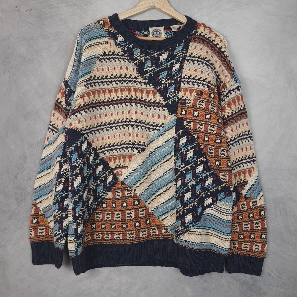 Vintage Saks Sweater Mens Large Multicolor Geometric Chunky Heavyweight 3D Knit